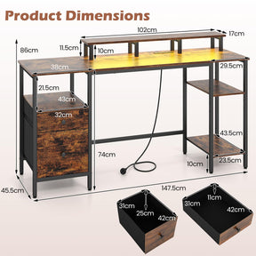 Reversible Office Desk with Charging Station and LED Light Strip