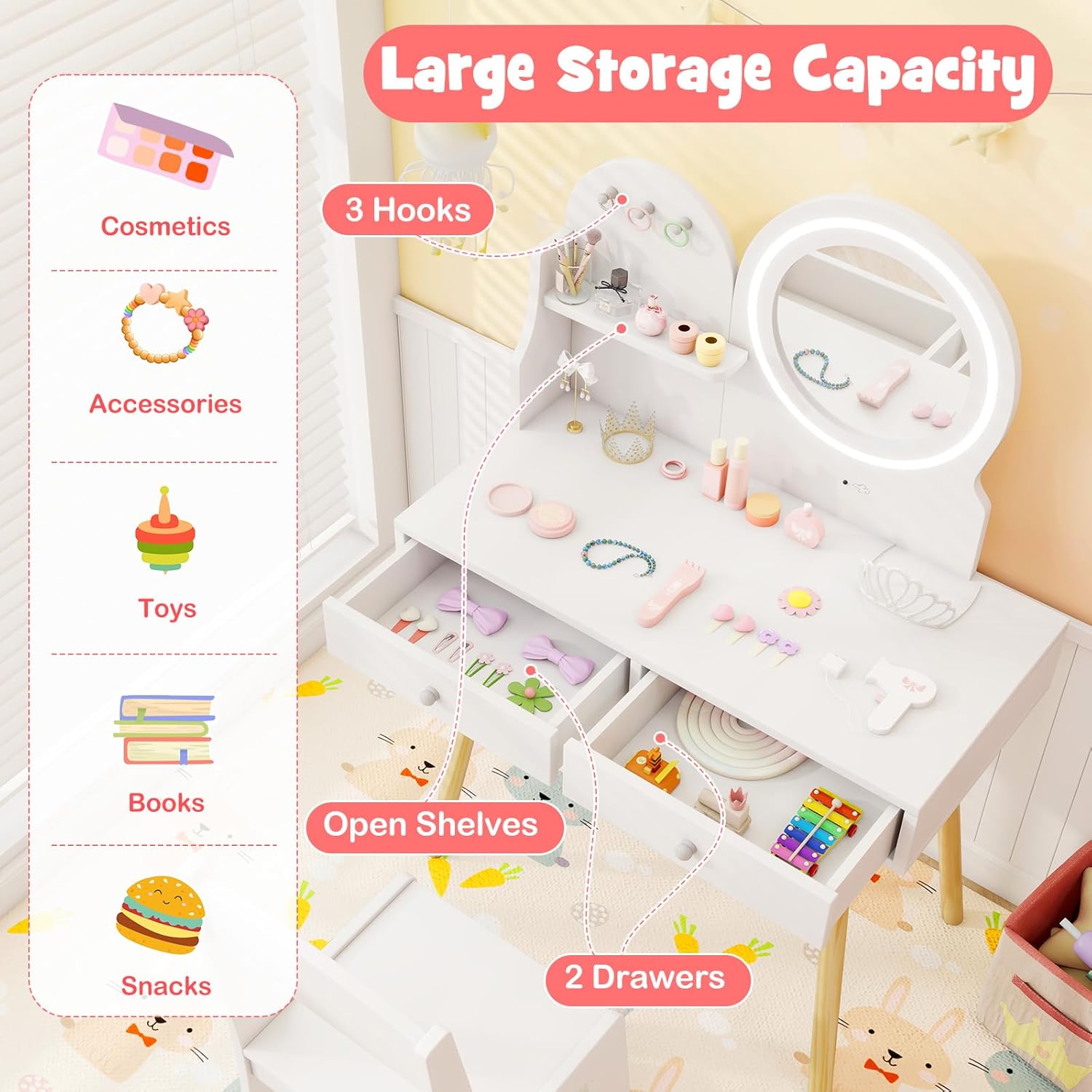 Kids Vanity Set, Princess Dressing Table with Chair