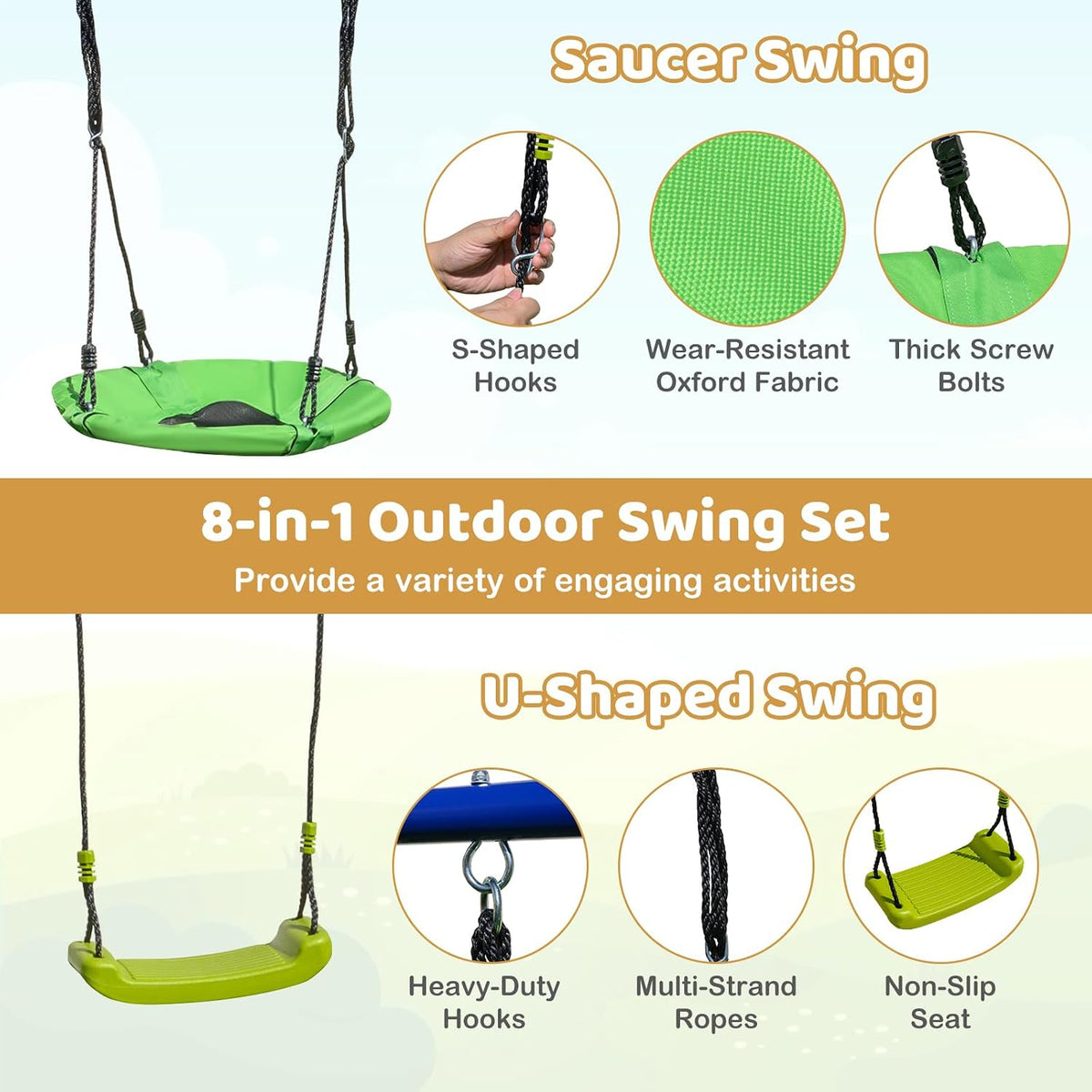 8-in-1 Outdoor Swing Set, Heavy-Duty Swing Stand with A-Shaped Metal Frame, 2 Swings, Glider, Gym Rings