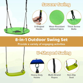 8-in-1 Outdoor Swing Set, Heavy-Duty Swing Stand with A-Shaped Metal Frame, 2 Swings, Glider, Gym Rings