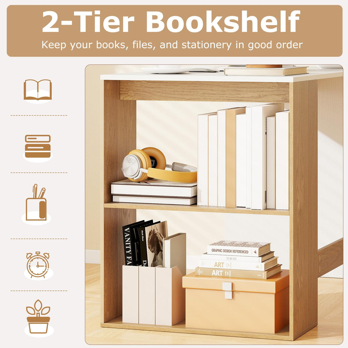 Computer Desk, 112cm Home Office Desk with 2-Tier Bookshelf