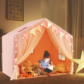 Kids Play Tent, 3-4 Kid Large Play Tent House w/Fabric & Screen Curtains, Star Lights