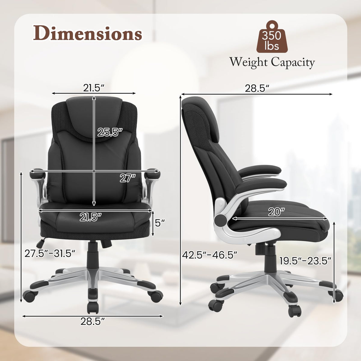 Executive Office Chair, PU Leather Ergonomic Desk Chair with Flip-up Armrests and Height Adjustable