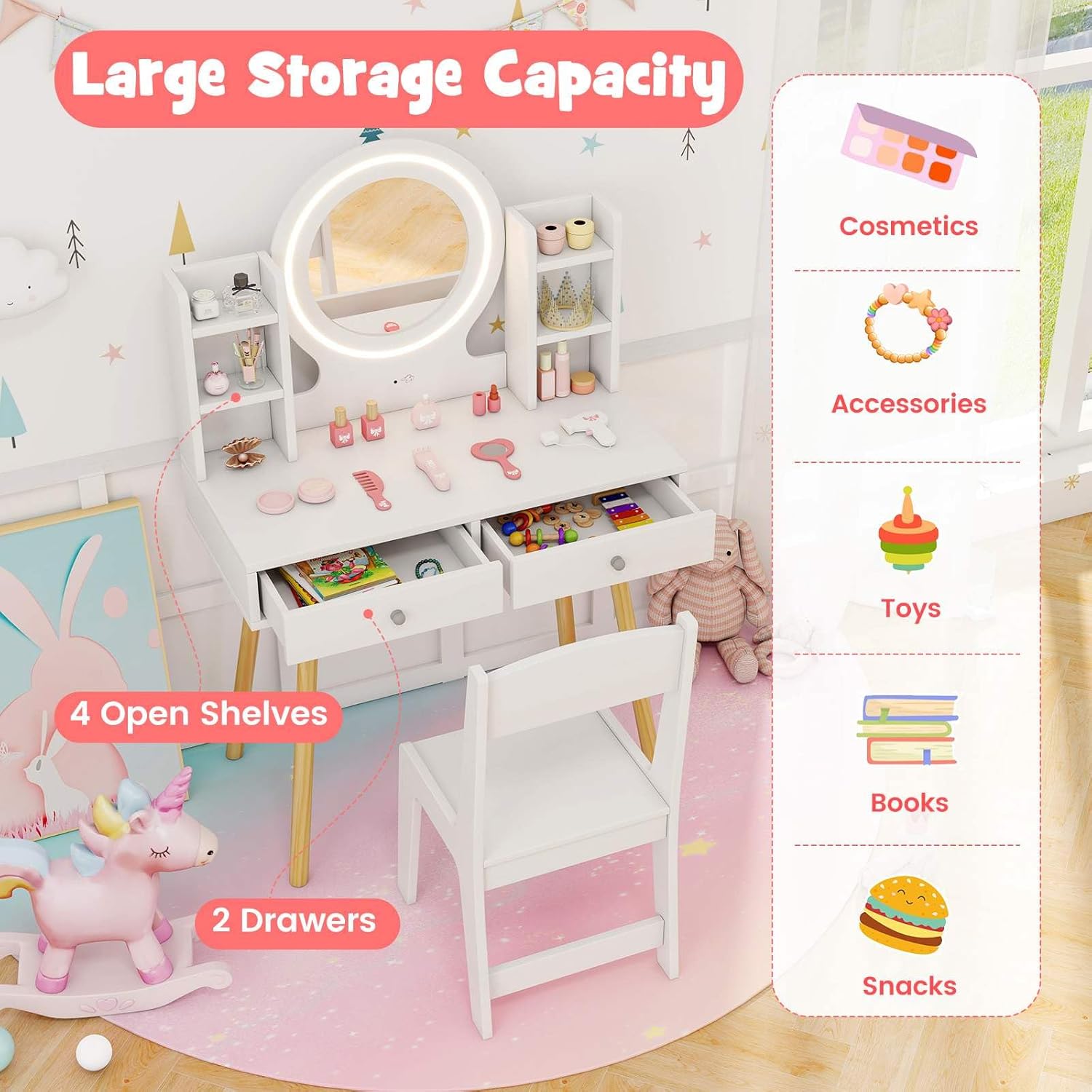 Wooden Kids Vanity Set, Princess Dressing Table and Chair Set with 2-Color Front Lit Mirror