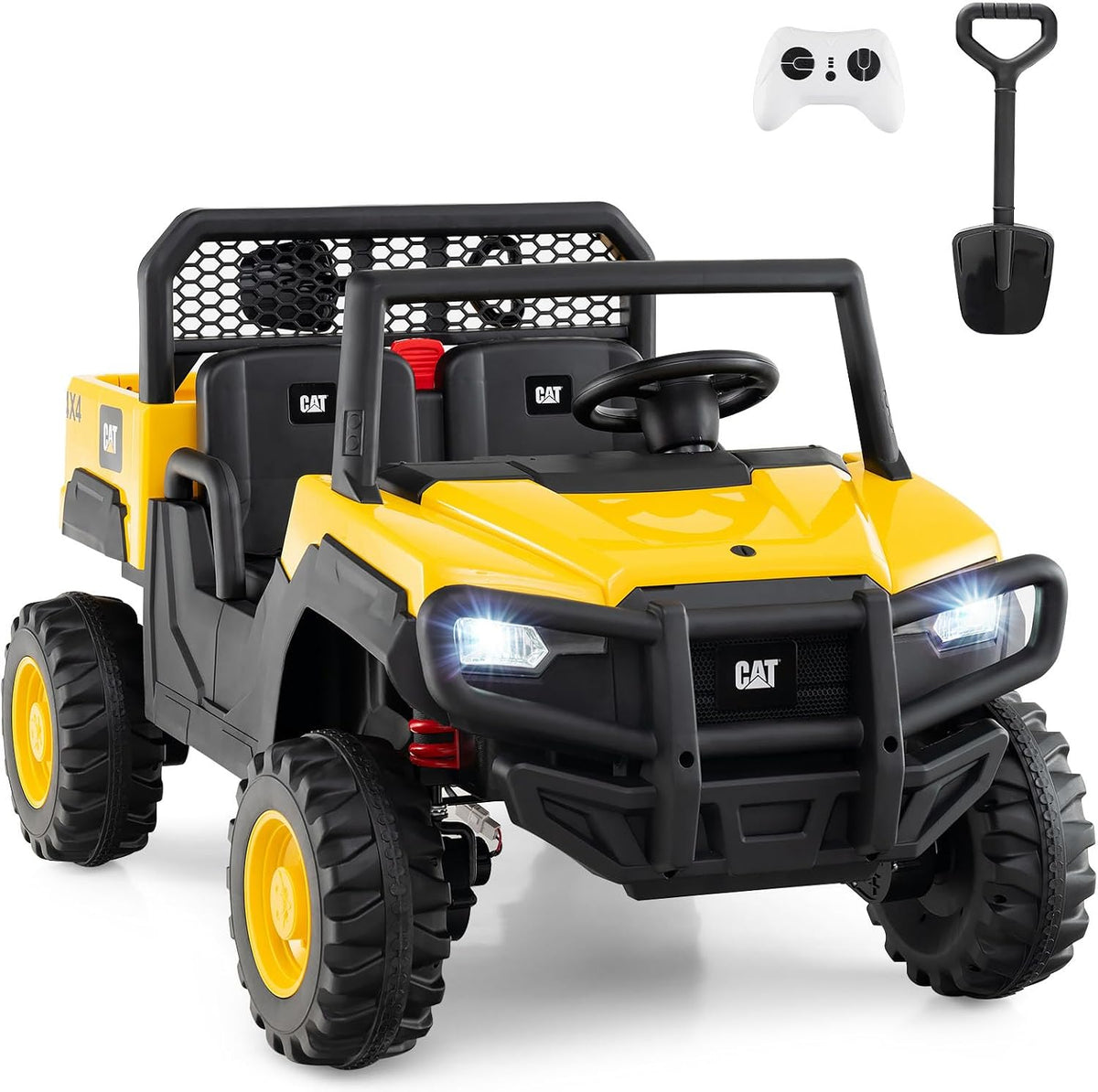 Licensed Caterpillar Ride On 4WD Dump Truck, 24V 2-Seater Kids Electric Vehicle with Remote Control, 4 x 100W Motors, Soft Start & Spring Suspension, Kids UTV with Dump Bed for 3+ Years Old