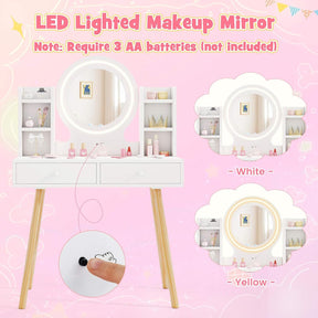 Wooden Kids Vanity Set, Princess Dressing Table and Chair Set with 2-Color Front Lit Mirror