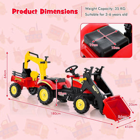 3 in1 Kids Ride On Excavator, Pedal car Bulldozer with 6 Wheels & Detachable Trailer