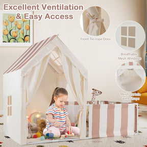 Kids Play Tent with Playpen, 2-in-1 Toddler Playhouse w/Yard, Door Curtains, Windows, Star Lights & Washable Cotton Mat, Indoor Teepee Tent for Boys and Girls Aged 3+ Years (Beige)