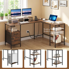 L-shaped Desk with Power Outlets, Reversible Corner Desk with Monitor Stand