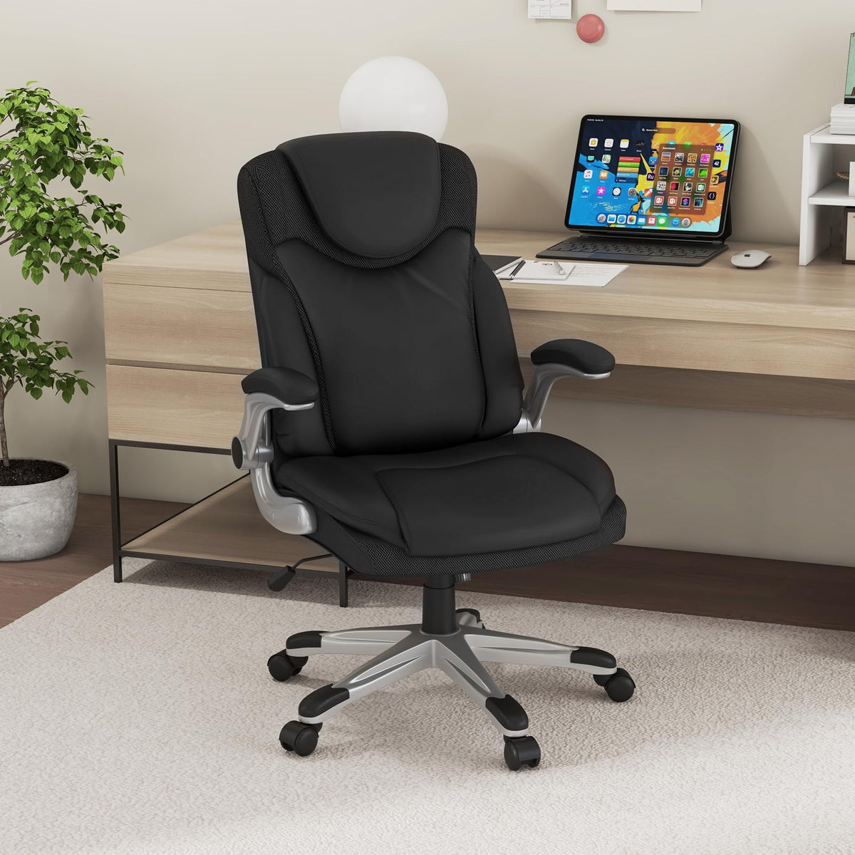 Executive Office Chair, PU Leather Ergonomic Desk Chair with Flip-up Armrests and Height Adjustable