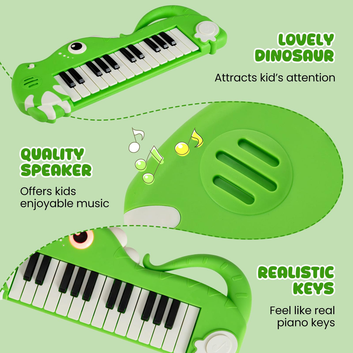 25-Key Kids Piano Keyboard, Dinosaur Shape Toy Digital Piano with Built-in Music & Light