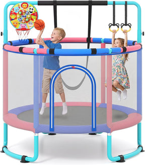 60" /55" Trampoline for Kids with Enclosure, 6-in-1 Indoor Outdoor Toddler Trampoline with Adjustable Gymnastics Bar, Swing, Basketball Hoop and Toys, Birthday Gifts for Boys Girls Age 3+