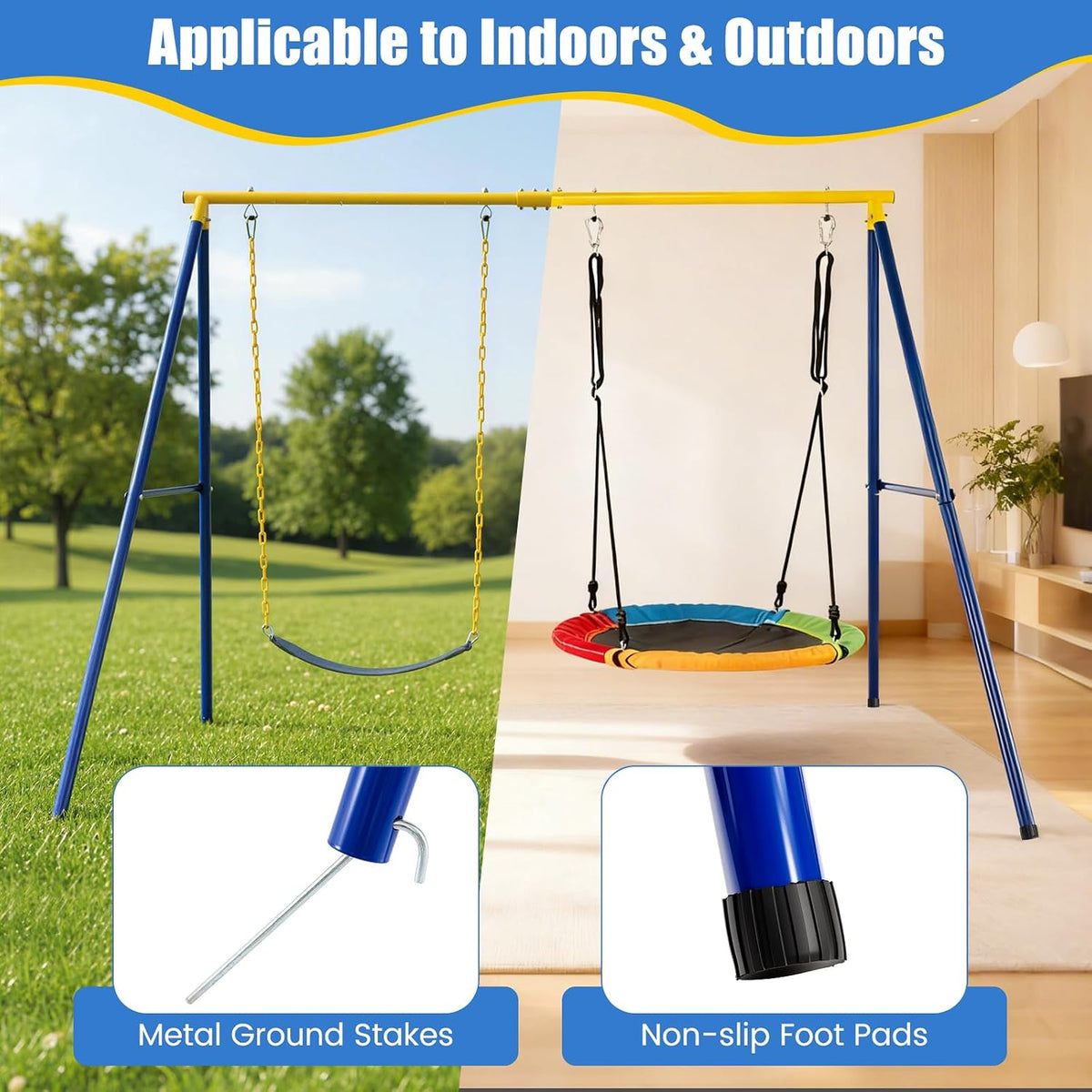 Kids Swing Set, A-Frame Swing Stand with 2-Pack Swing Sets