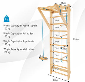 Wood Stall Bar, Swedish Ladder with Swedish Wall & Pull Up Bar & Rope Ladder & Trapeze