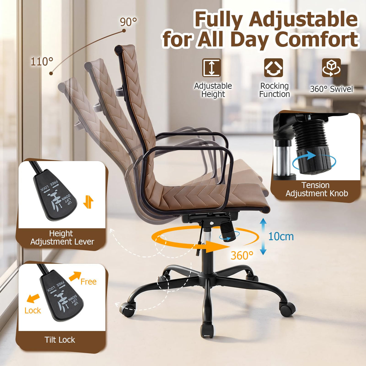 Ribbed Office Chair High Back PU Leather for Home Office, Black/Brown
