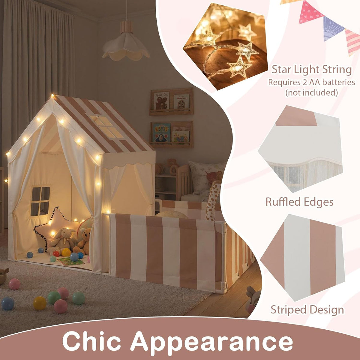 Kids Play Tent with Playpen, 2-in-1 Toddler Playhouse w/Yard, Door Curtains, Windows, Star Lights & Washable Cotton Mat, Indoor Teepee Tent for Boys and Girls Aged 3+ Years (Beige)