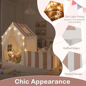 Kids Play Tent with Playpen, 2-in-1 Toddler Playhouse w/Yard, Door Curtains, Windows, Star Lights & Washable Cotton Mat, Indoor Teepee Tent for Boys and Girls Aged 3+ Years (Beige)