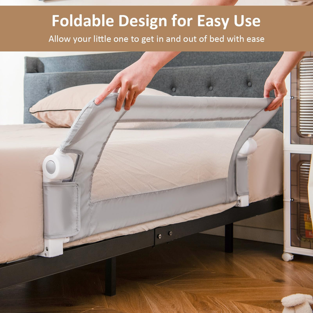Foldable Bed Rail for Toddlers, Baby Bed Rail Guard w/ Detachable Oxford Fabric Cover & Additional Y-shaped Strap