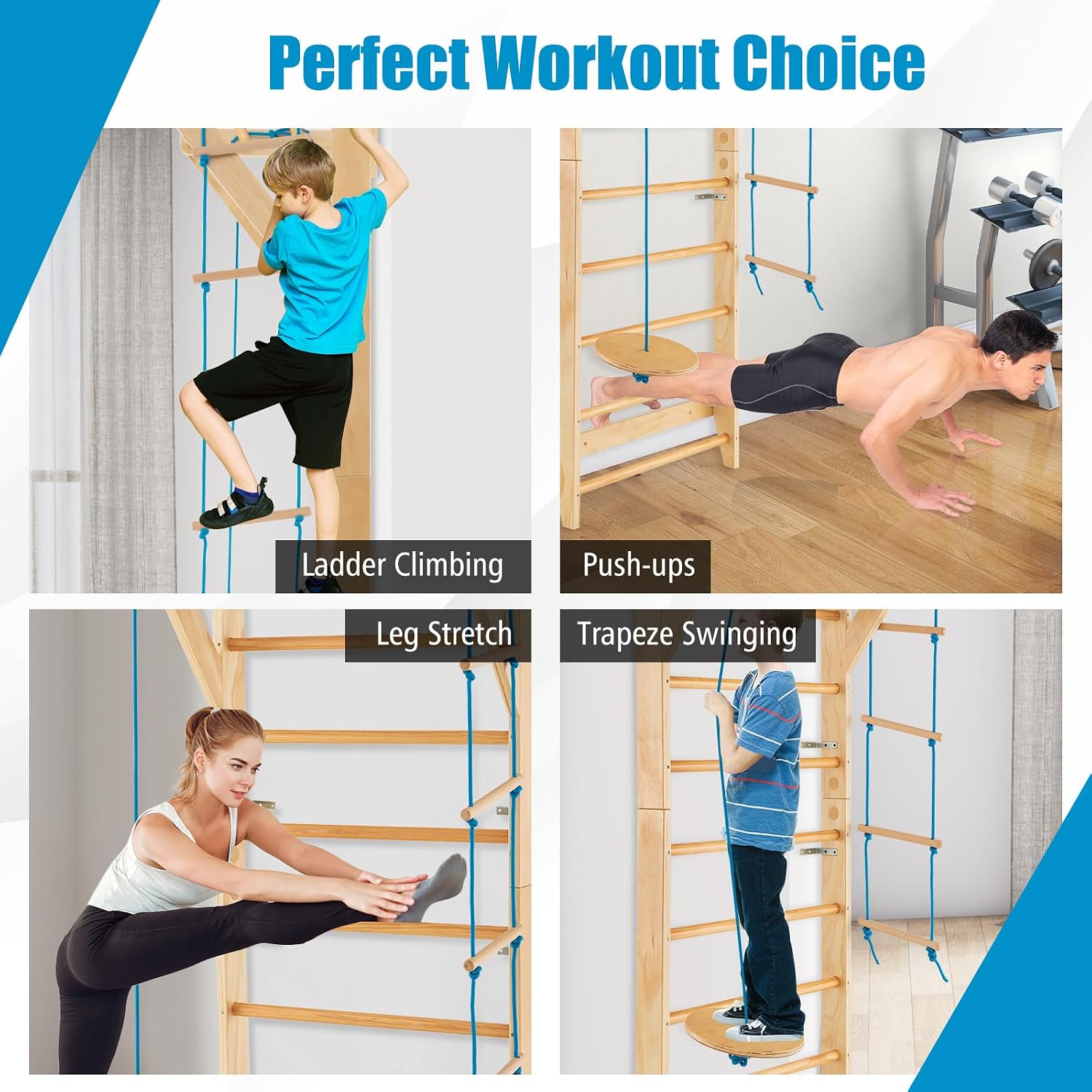 Wood Stall Bar, Swedish Ladder with Swedish Wall & Pull Up Bar & Rope Ladder & Trapeze