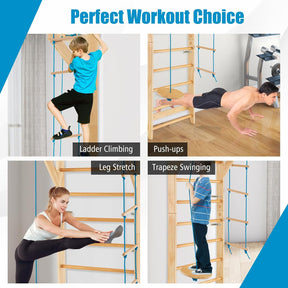 Wood Stall Bar, Swedish Ladder with Swedish Wall & Pull Up Bar & Rope Ladder & Trapeze