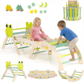 8-in-1 Wooden Triangle Set, Foldable Montessori Climbing Toys with Arch Climber, Reversible Ramp