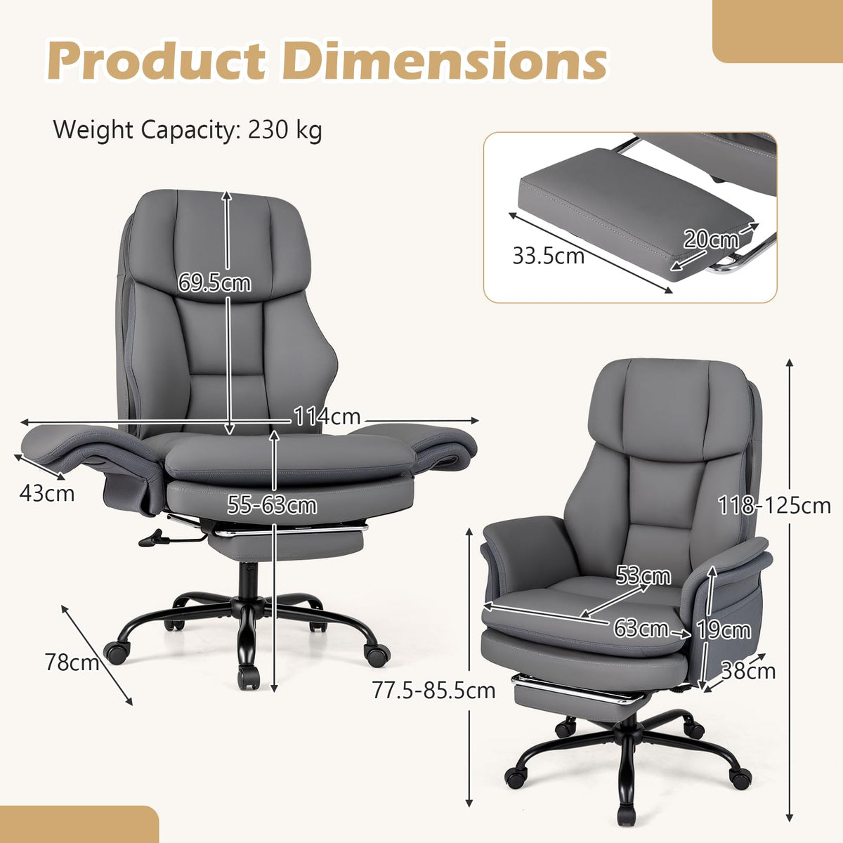 Ergonomic Cross Legged Office Chair, Big & Tall Executive Chair w/Retractable Footrest & 5-Level Adjustable Armrests