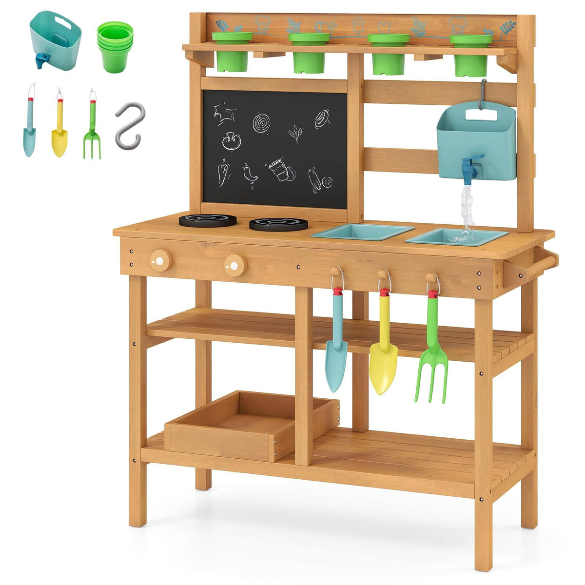 Mud Kitchen for Kids, Toddler Wooden Pretend Play Kitchen Playset with Faucet