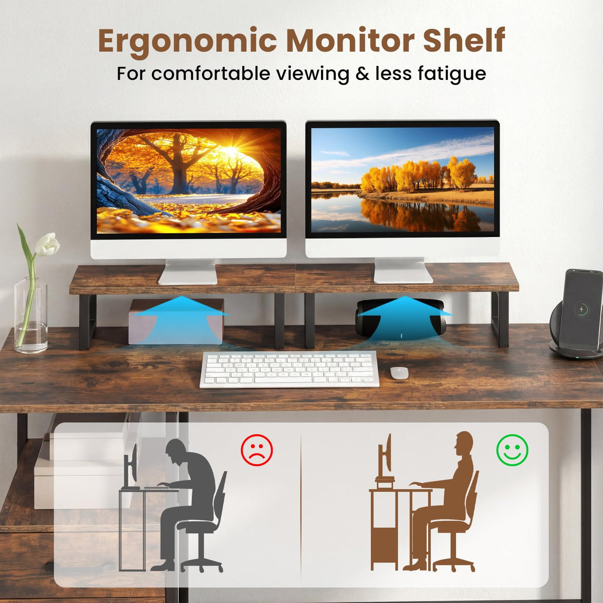L-shaped Desk with Power Outlets, Reversible Corner Desk with Monitor Stand