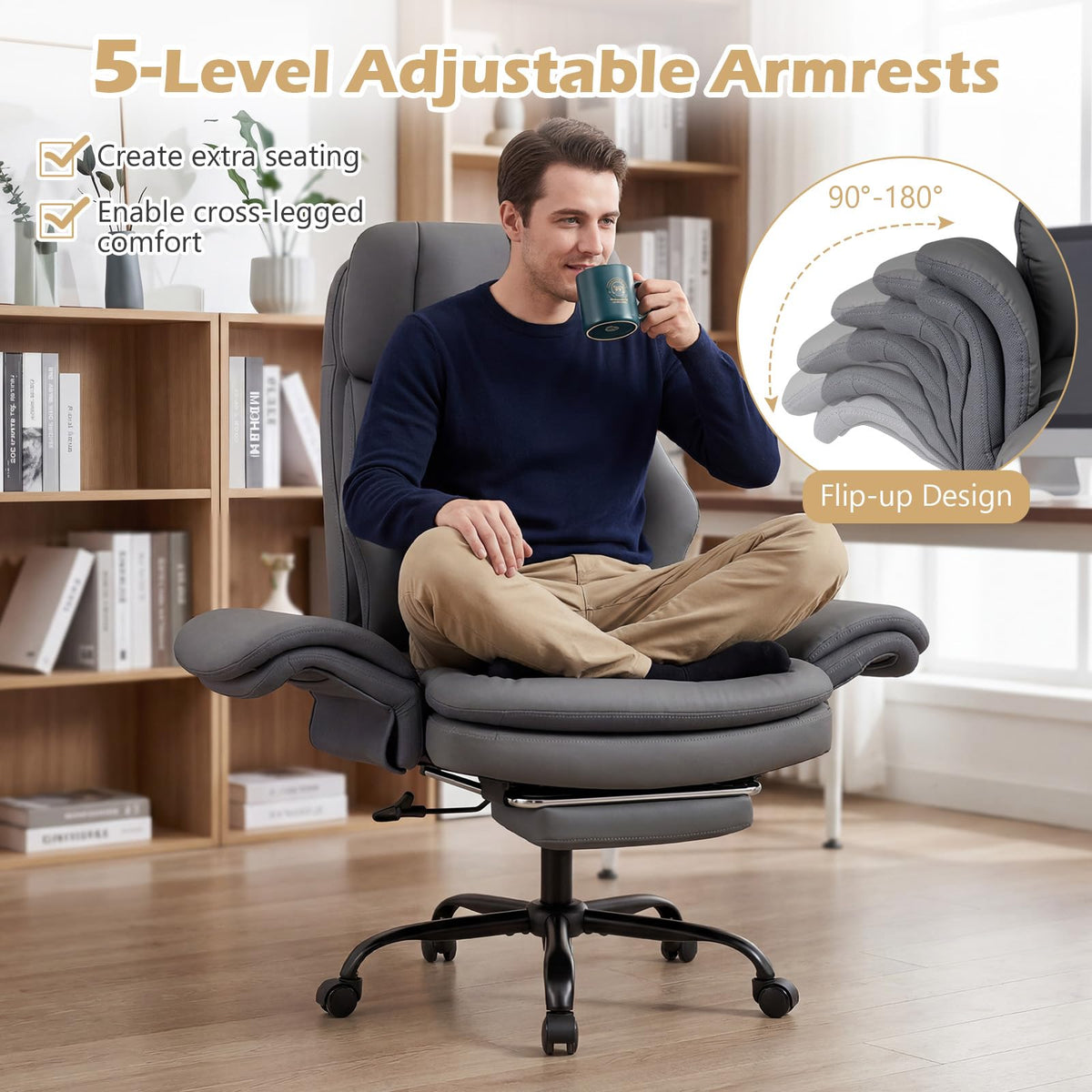 Ergonomic Cross Legged Office Chair, Big & Tall Executive Chair w/Retractable Footrest & 5-Level Adjustable Armrests