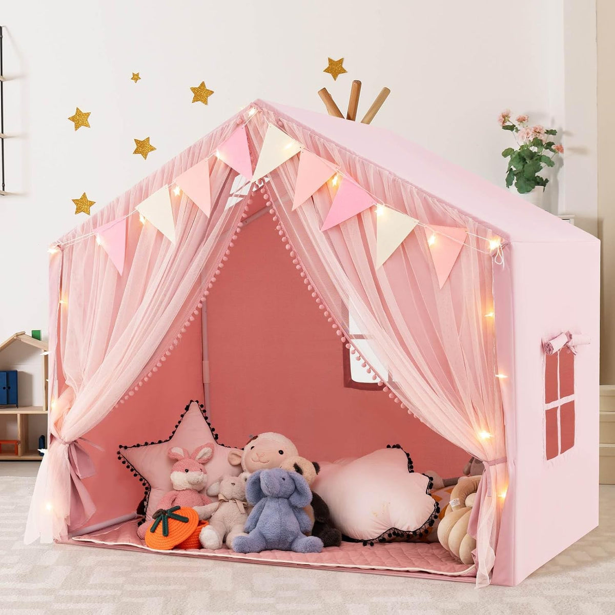 Kids Play Tent, 3-4 Kid Large Play Tent House w/Fabric & Screen Curtains, Star Lights