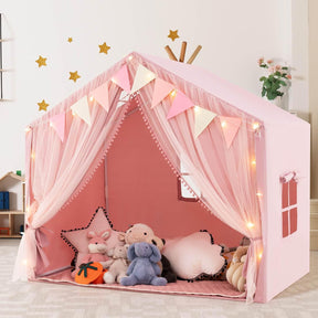 Kids Play Tent, 3-4 Kid Large Play Tent House w/Fabric & Screen Curtains, Star Lights