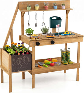 Kids Mud Kitchen, Wooden Play Kitchen with Planter Box, Stoves, Water Tank, Sink & 9 Accessories, Outdoor Pretend Kitchen Playset for Toddlers Aged 3+