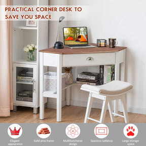Wood Corner Computer Desk, Compact Writing Table w/Drawer & Shelves