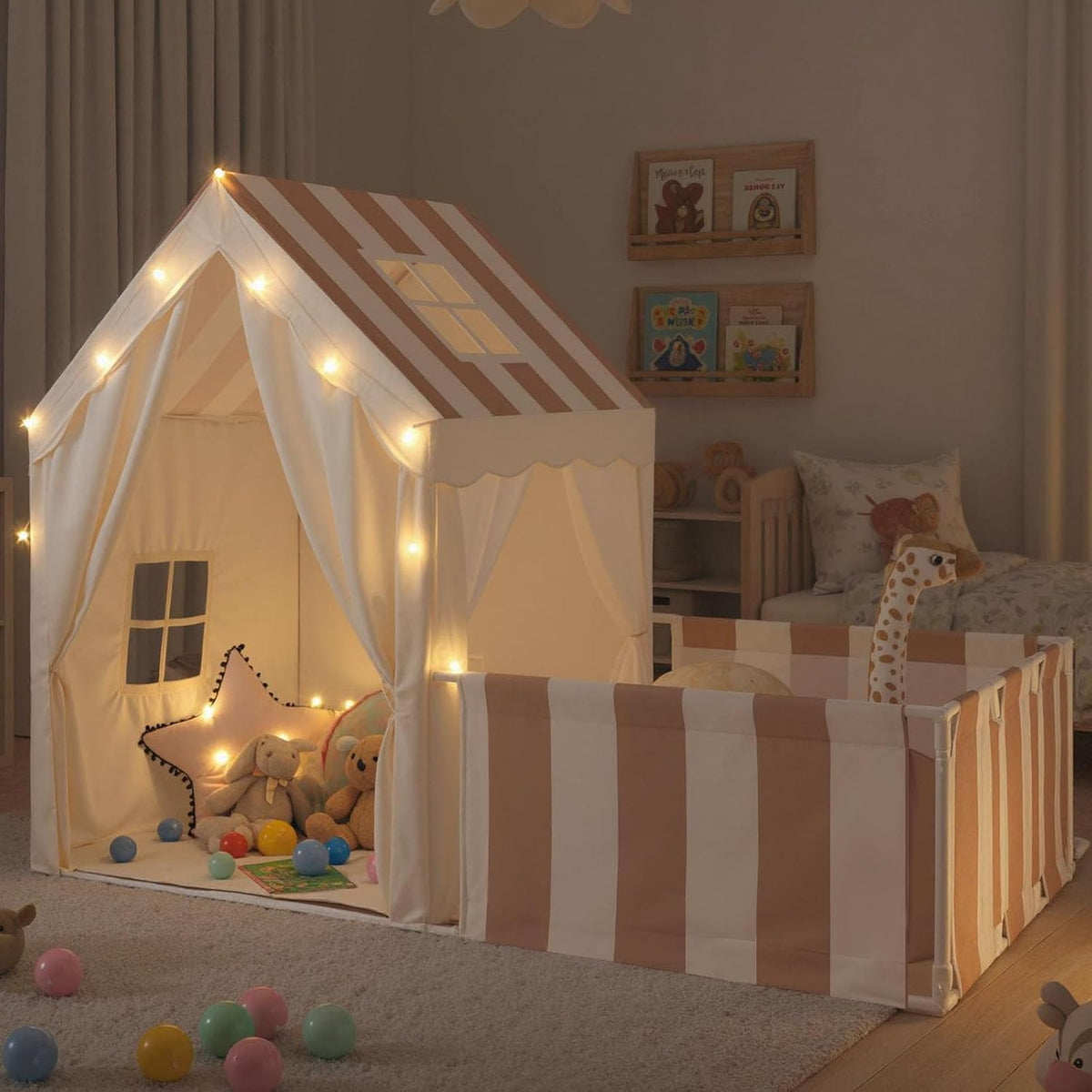 Kids Play Tent with Playpen, 2-in-1 Toddler Playhouse w/Yard, Door Curtains, Windows, Star Lights & Washable Cotton Mat, Indoor Teepee Tent for Boys and Girls Aged 3+ Years (Beige)