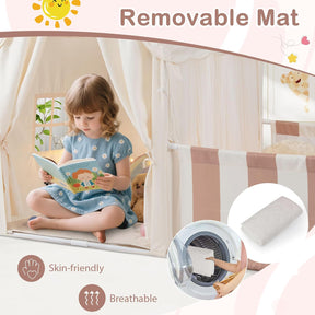 Kids Play Tent with Playpen, 2-in-1 Toddler Playhouse w/Yard, Door Curtains, Windows, Star Lights & Washable Cotton Mat, Indoor Teepee Tent for Boys and Girls Aged 3+ Years (Beige)