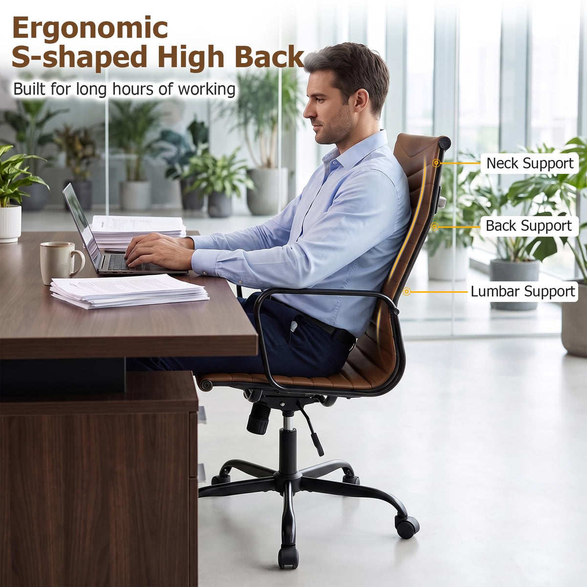 Ribbed Office Chair High Back PU Leather for Home Office, Black/Brown