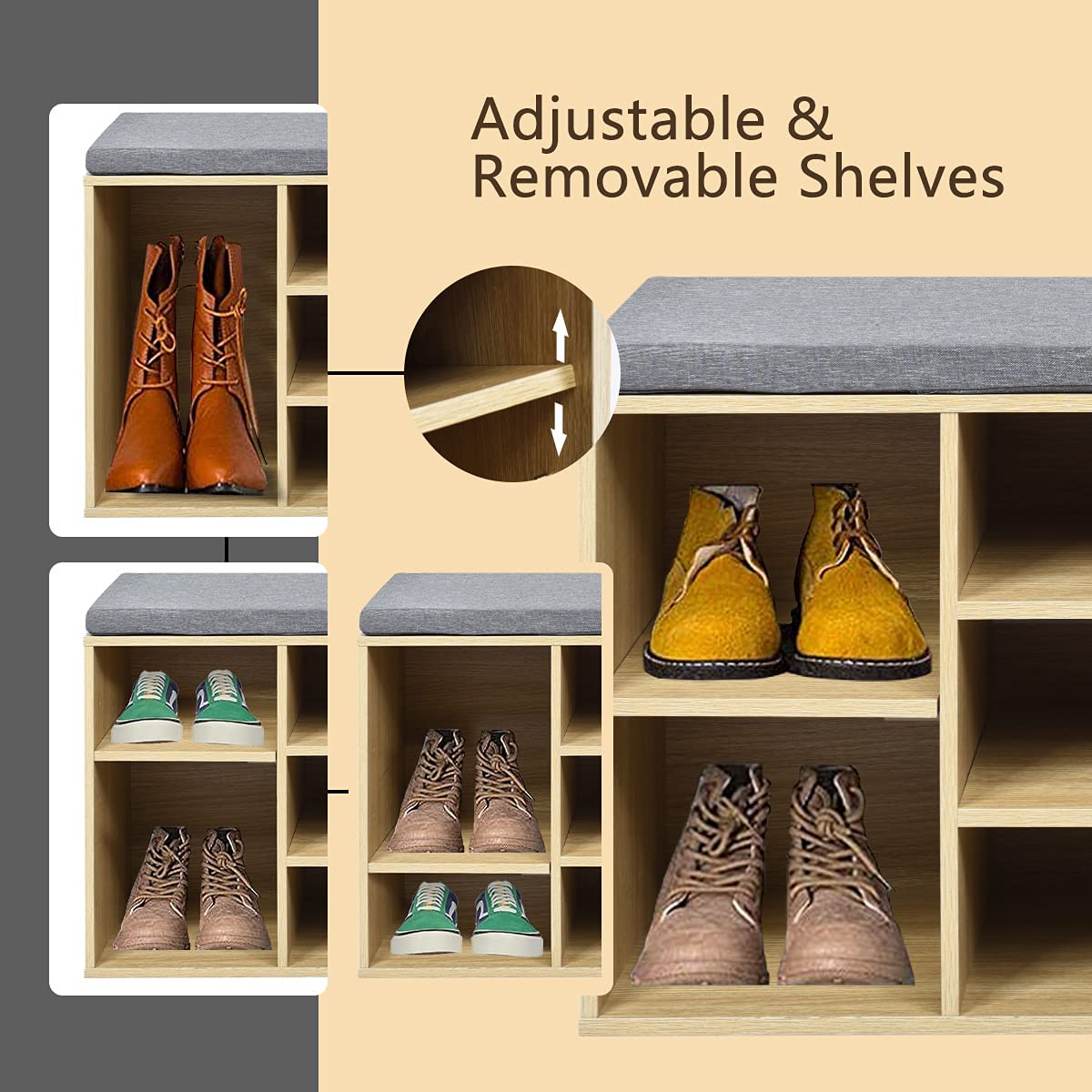 10-Cube Shoe Rack Entryway Organizer Shoe Bench with Storage Padded Cushions and Adjustable Shelves