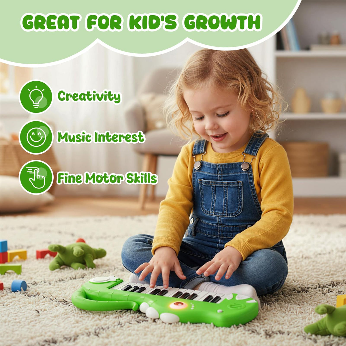 25-Key Kids Piano Keyboard, Dinosaur Shape Toy Digital Piano with Built-in Music & Light