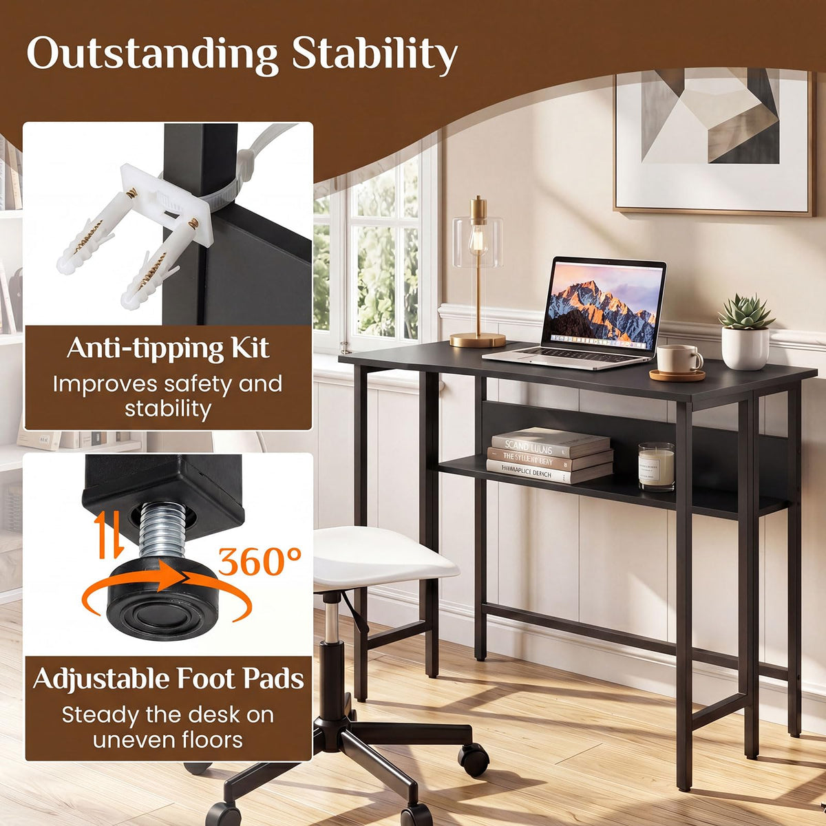 Small Folding Desk, 80 CM Computer Desk w/ Storage Shelf, Drop Leaf, & Metal Legs