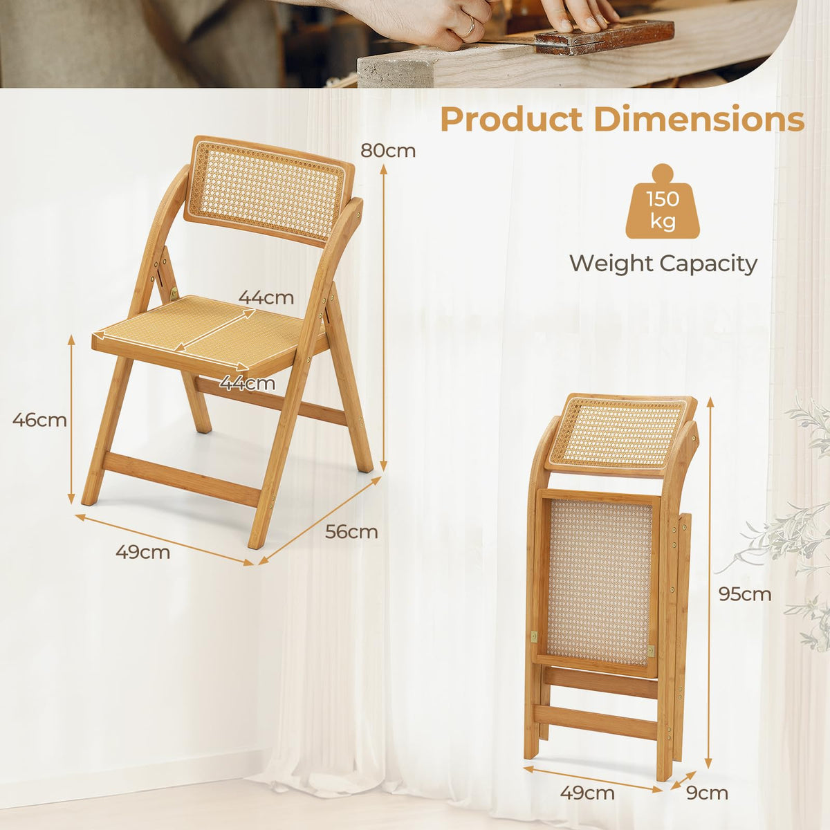 Rattan Cane Folding Chairs Set of 2, Bamboo Dining Chairs, Kitchen Side Chairs with Rotatable Backrests