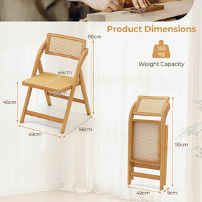 Rattan Cane Folding Chairs Set of 2, Bamboo Dining Chairs, Kitchen Side Chairs with Rotatable Backrests