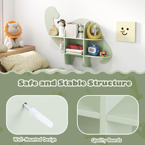 Floating Dinosaur Kids Bookshelf 2-Tier Wood Hanging Bookcase