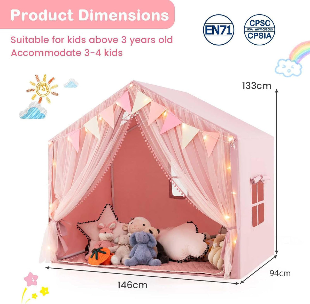 Kids Play Tent, 3-4 Kid Large Play Tent House w/Fabric & Screen Curtains, Star Lights