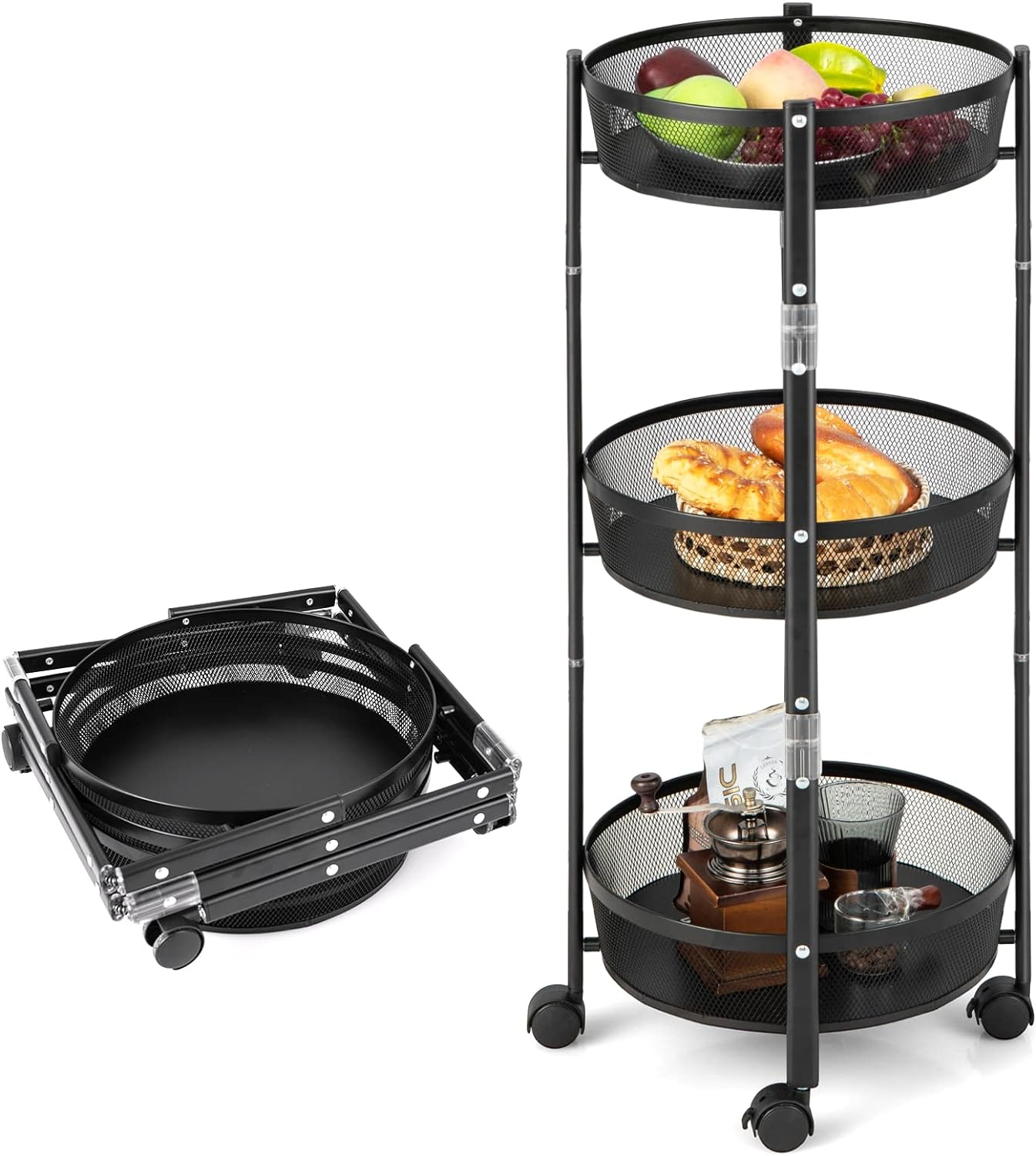 Giantex Foldable 3-Tier Utility Rolling Cart, One-Second Folding Metal Fruit Vegetable Storage Basket Stand with Wheels
