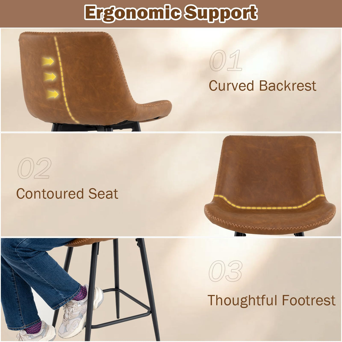 Counter Height Bar Stools Set of 2, 61 CM Bar Chairs with Backs and Footrests