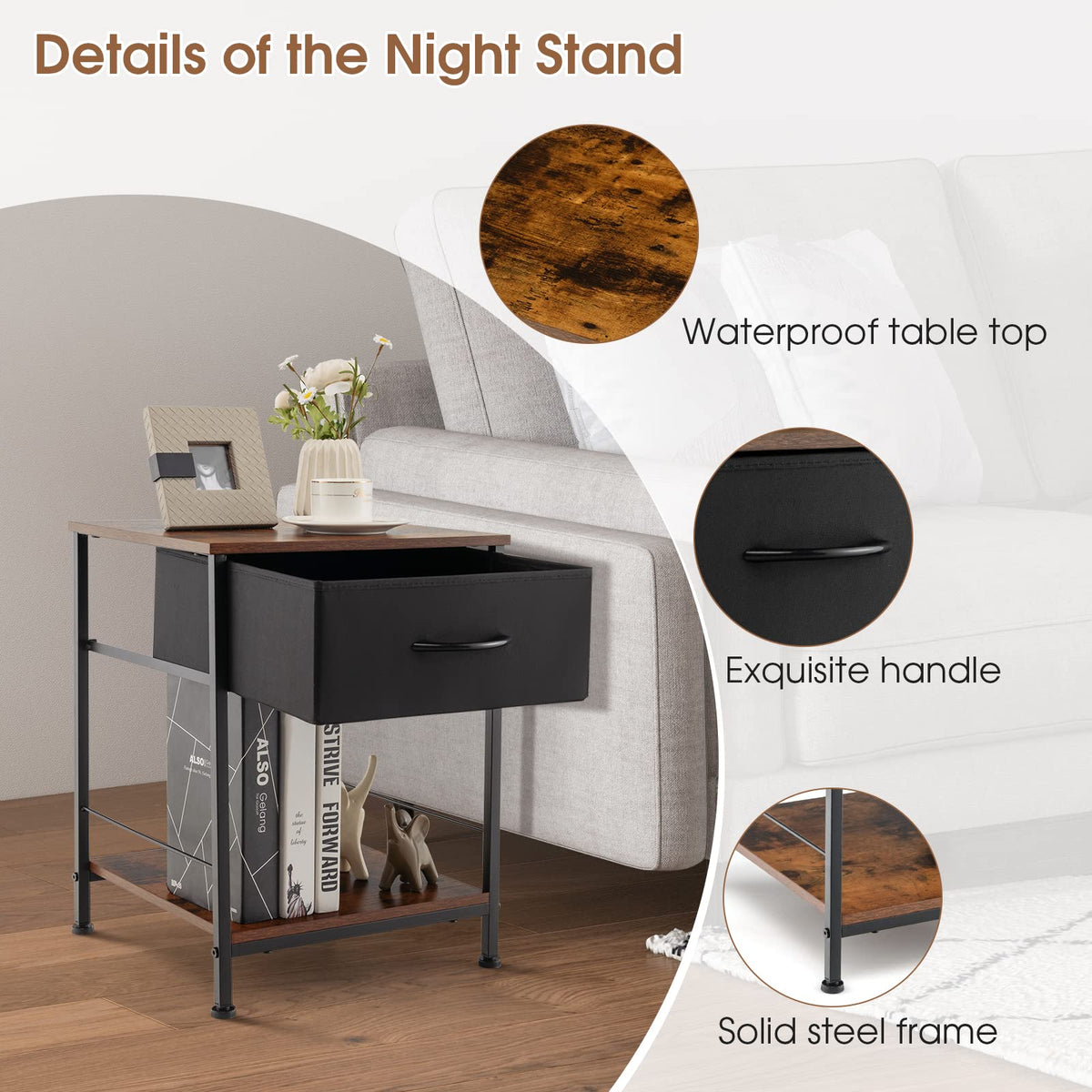 2 Tiers Nightstand for Bedroom, Compact Industrial Style Sofa Side & Bedside Table