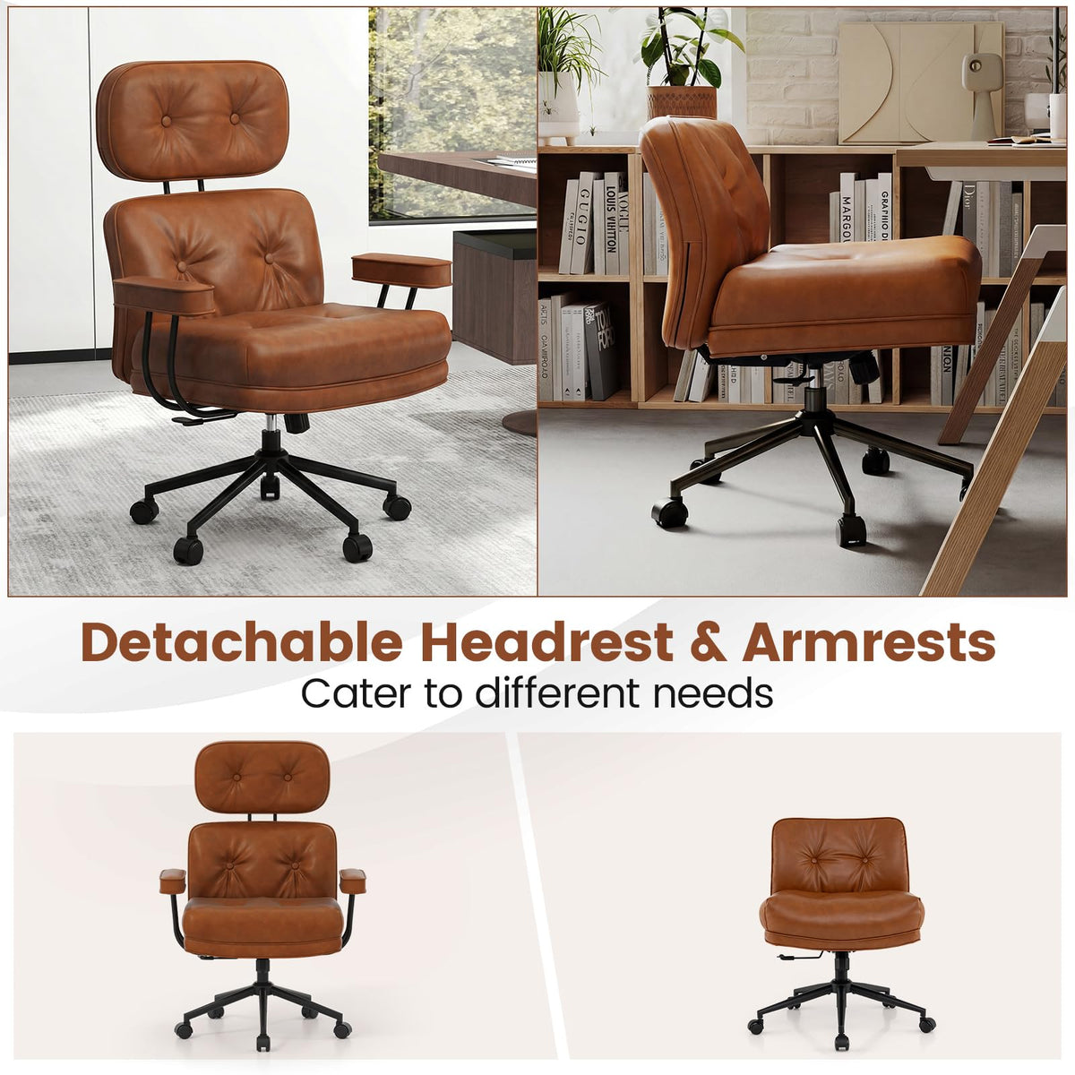 Ergonomic Home Office Chair, Mid Century Modern Computer Desk Chair w/ Wide Tufted Seat
