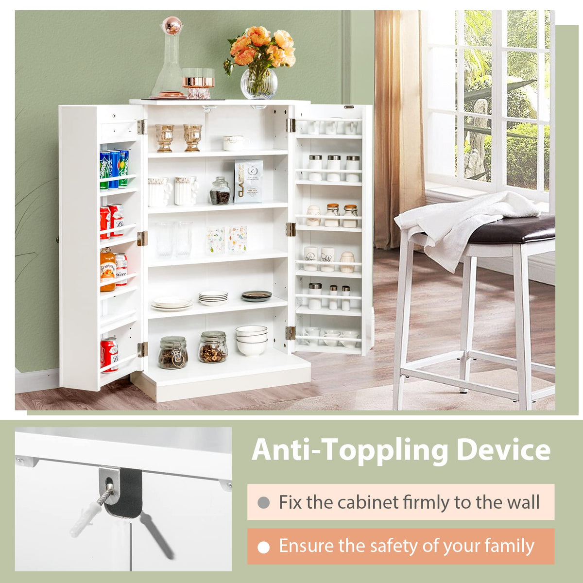 Kitchen Pantry Cabinet, Multifunctional Cupboard w/ 2 Doors & 17-Tier Shelves