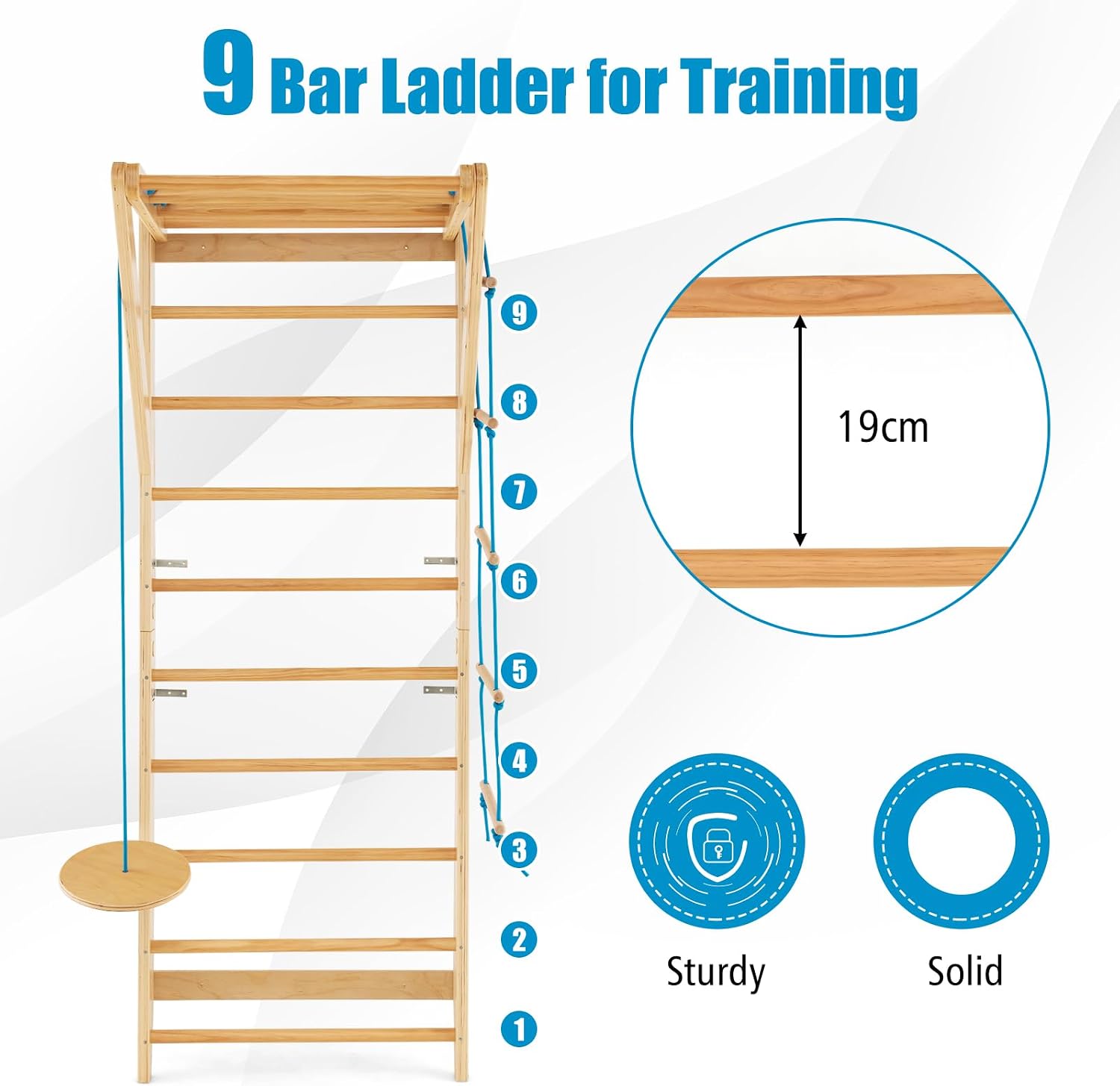 Wood Stall Bar, Swedish Ladder with Swedish Wall & Pull Up Bar & Rope Ladder & Trapeze
