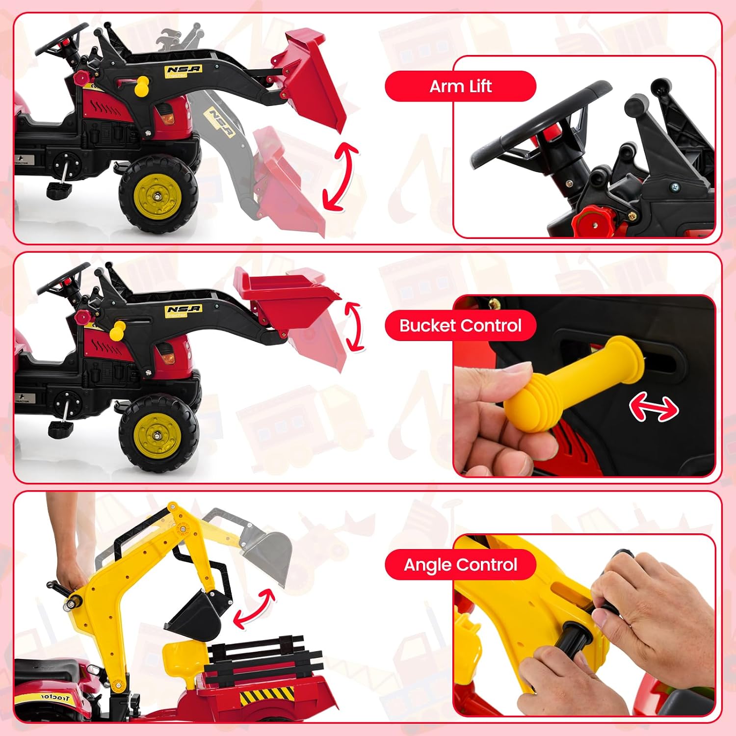 3 in1 Kids Ride On Excavator, Pedal car Bulldozer with 6 Wheels & Detachable Trailer